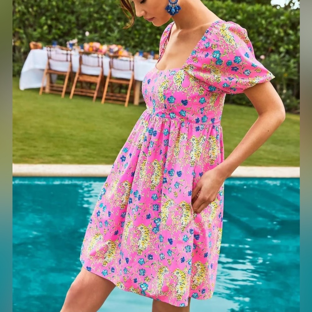 Lilly Pulitzer Kay Babydoll Dress Prosecco‎ Pink Tigress Garden Size 4
